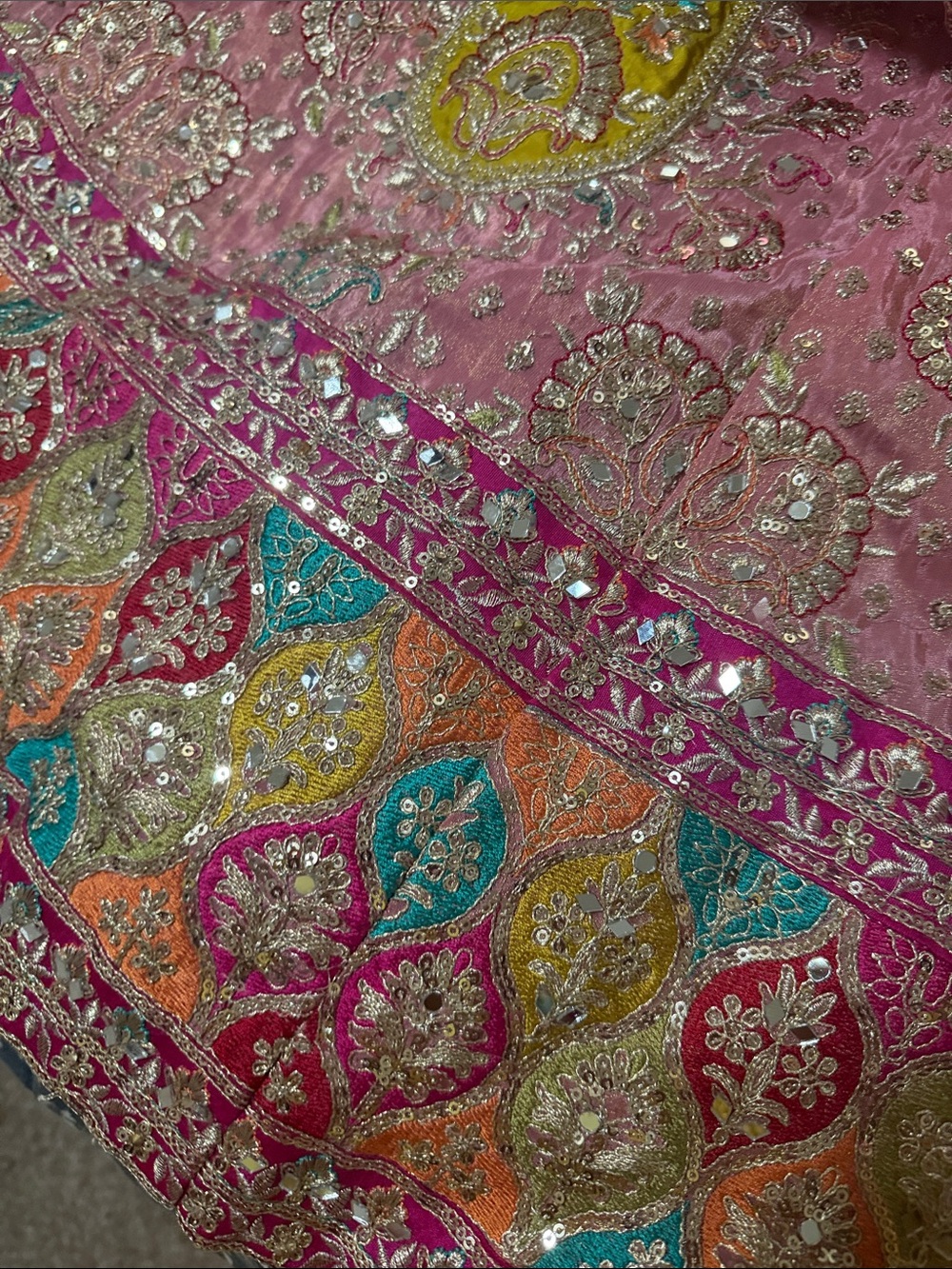 Embroidered Pink Multicolor Circle Skirt with Mirror Accents